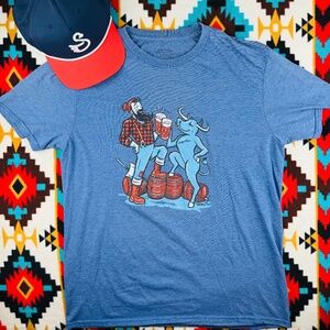 Paul Bunyan Graphic T-Shirt Beer Lumberjack Illustration Blue Tee Size L